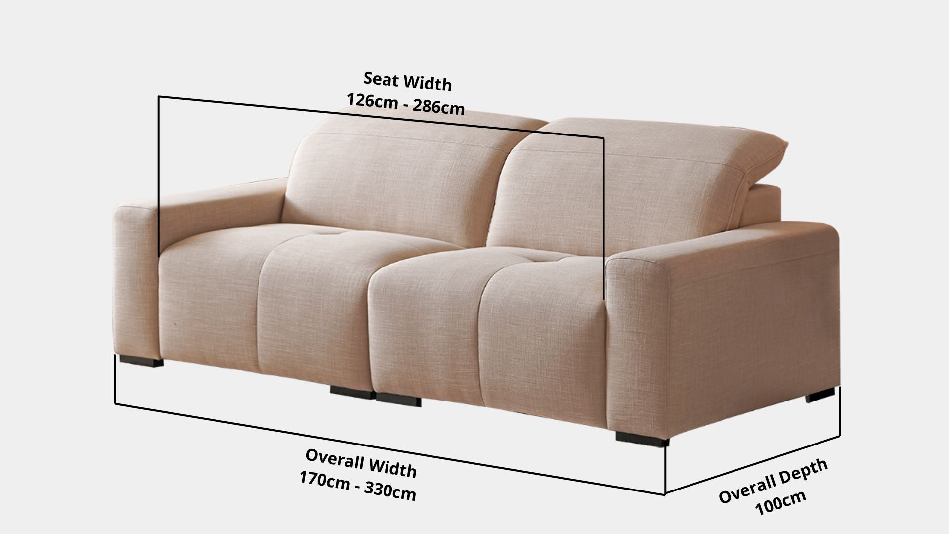 Details the key dimensions in terms of overall width, overall depth and seat width for Cove Fabric Sofa