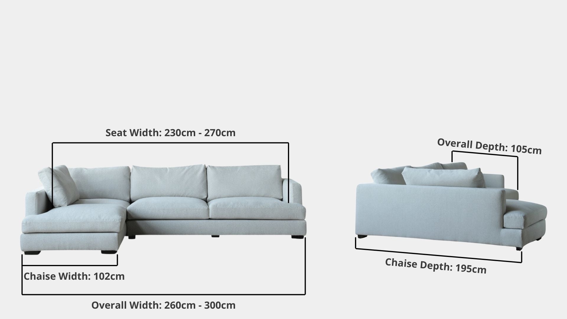 Details the key dimensions in terms of overall width, overall depth and seat width for Crescent Fabric L Shape Sectional Sofa