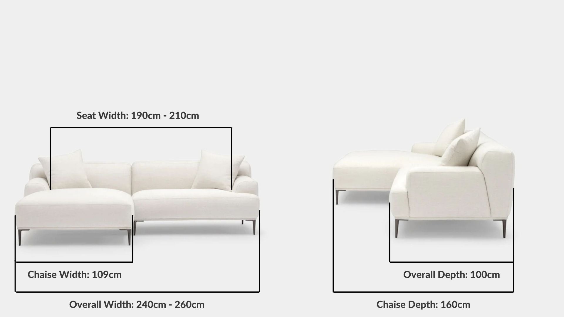 Details the key dimensions in terms of overall width, overall depth and seat width for Crystal Fabric L Shape Sectional Sofa