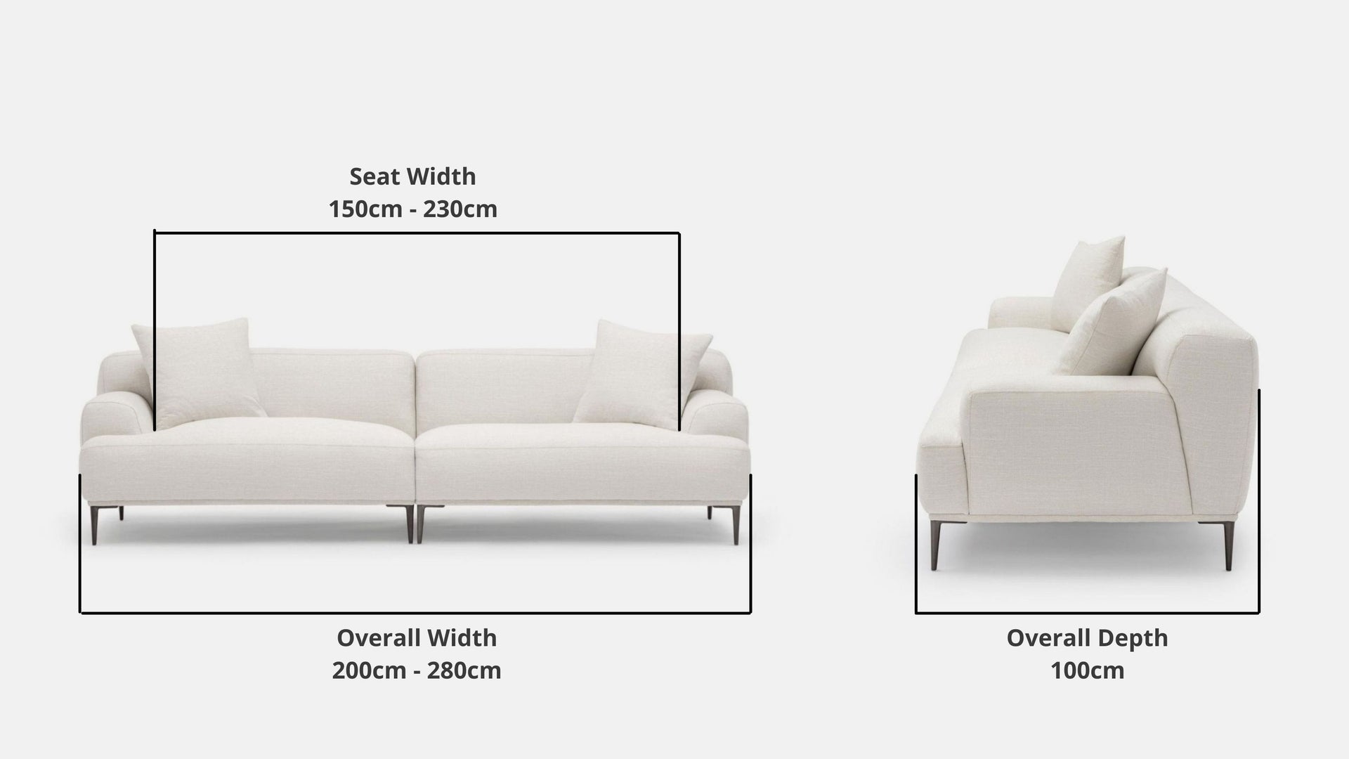 Details the key dimensions in terms of overall width, overall depth and seat width for Crystal Fabric Sofa