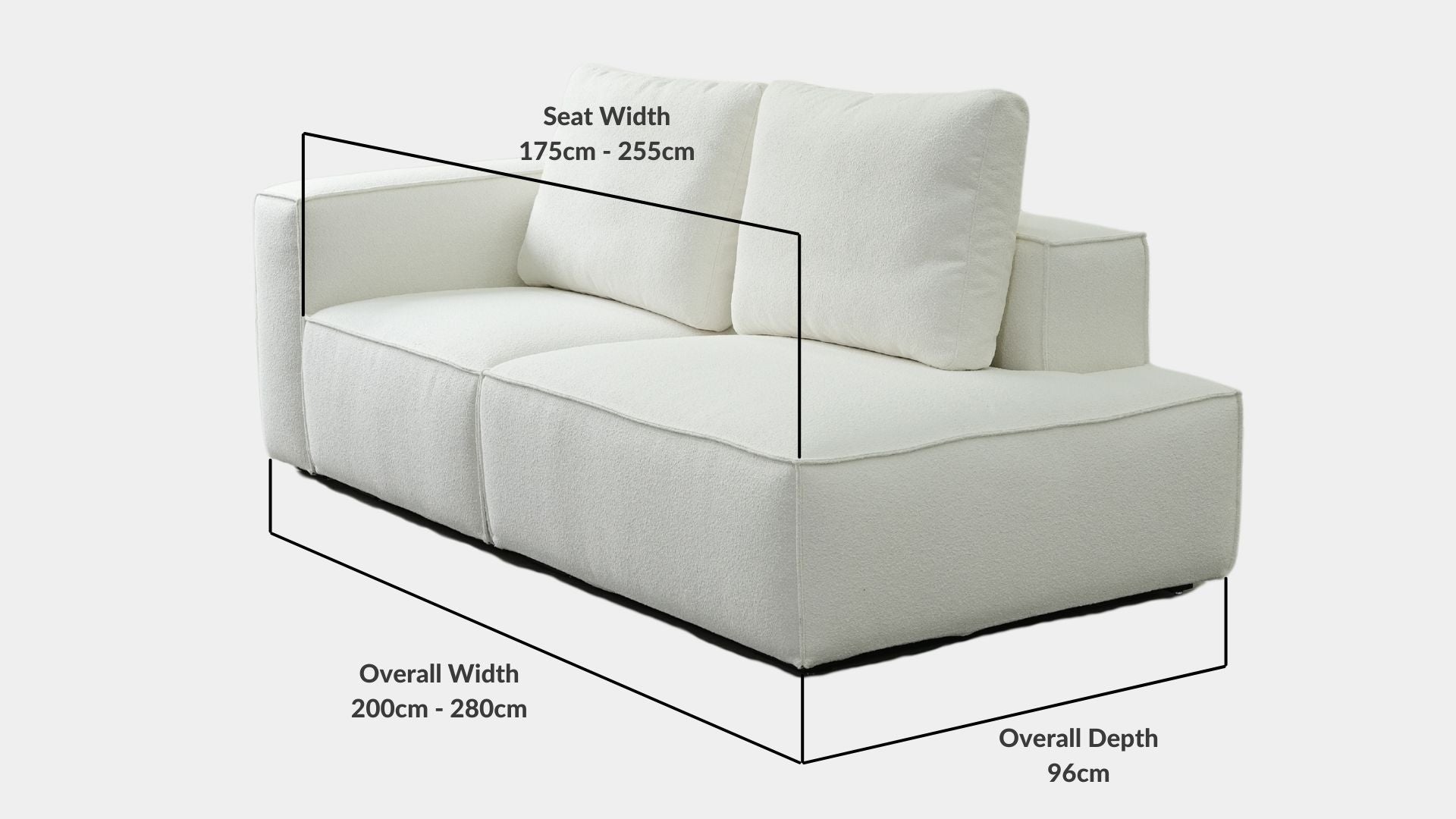 Details the key dimensions in terms of overall width, overall depth and seat width for Cubix Fabric One Arm Sofa