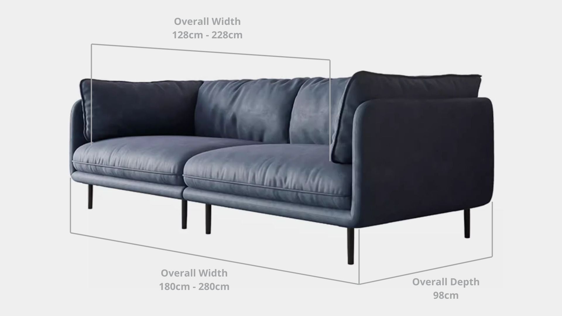 Details the key dimensions in terms of overall width, overall depth and seat width for Cuddle Fabric Sofa