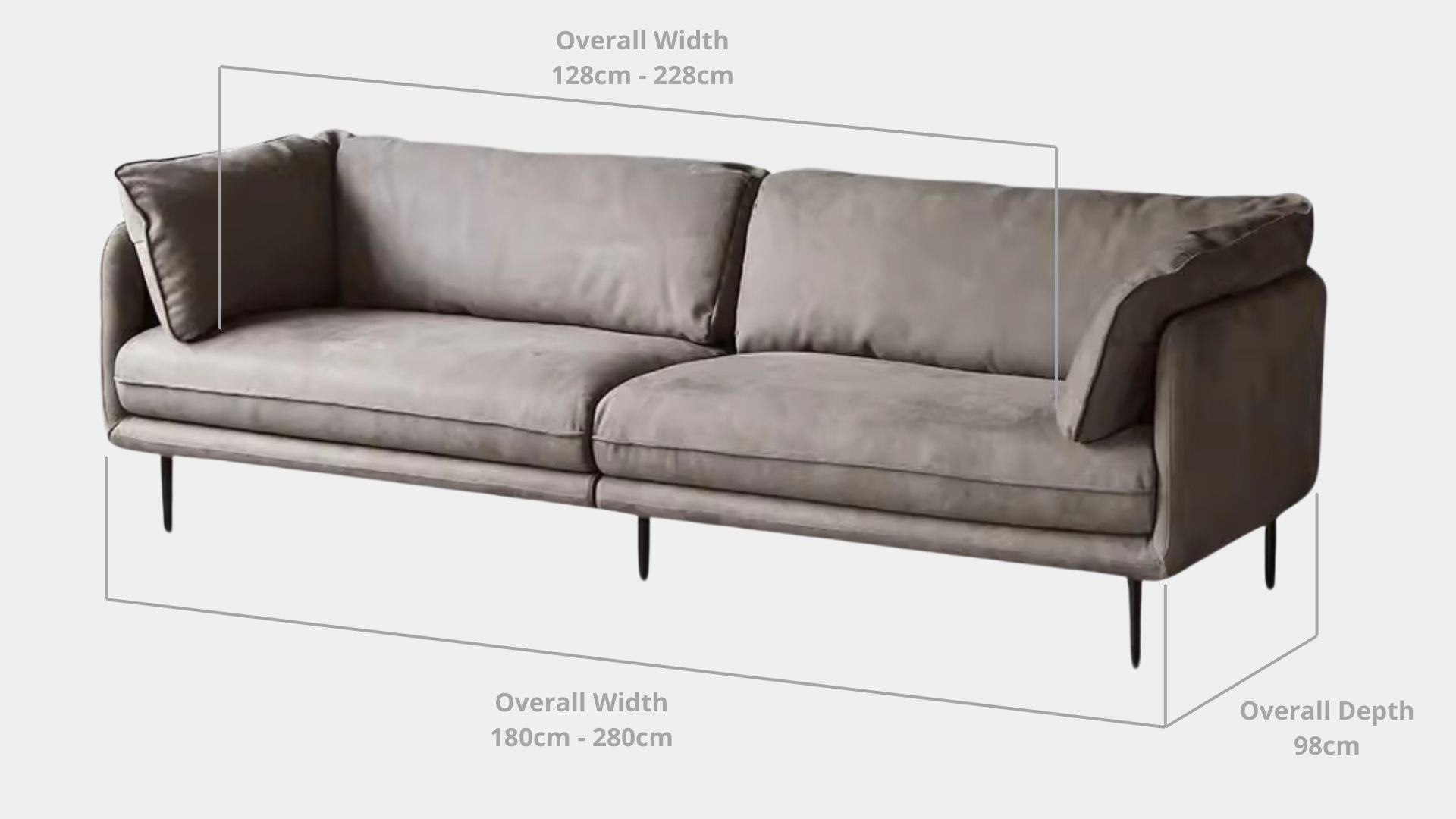 Details the key dimensions in terms of overall width, overall depth and seat width for Cuddle Fabric Sofa