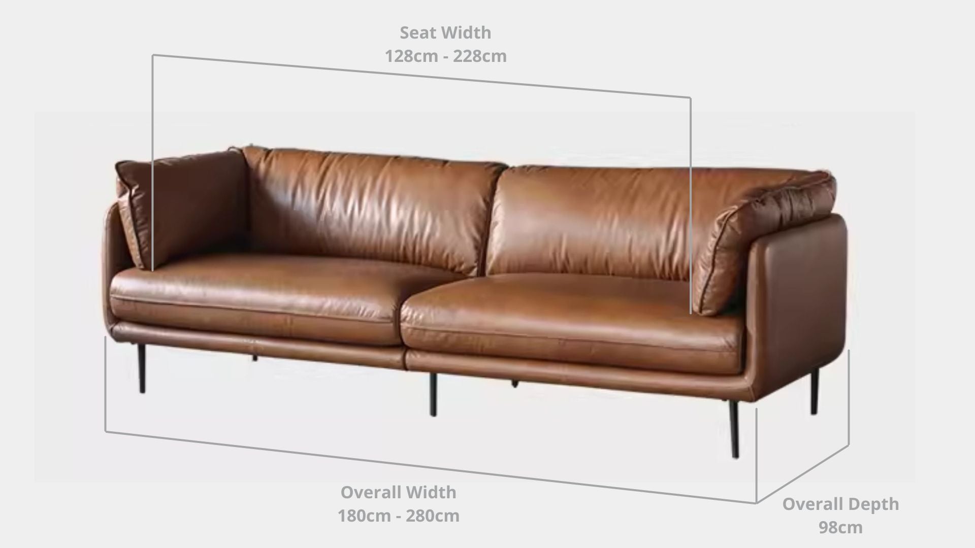 Details the key dimensions in terms of overall width, overall depth and seat width for Cuddle Full Leather Sofa