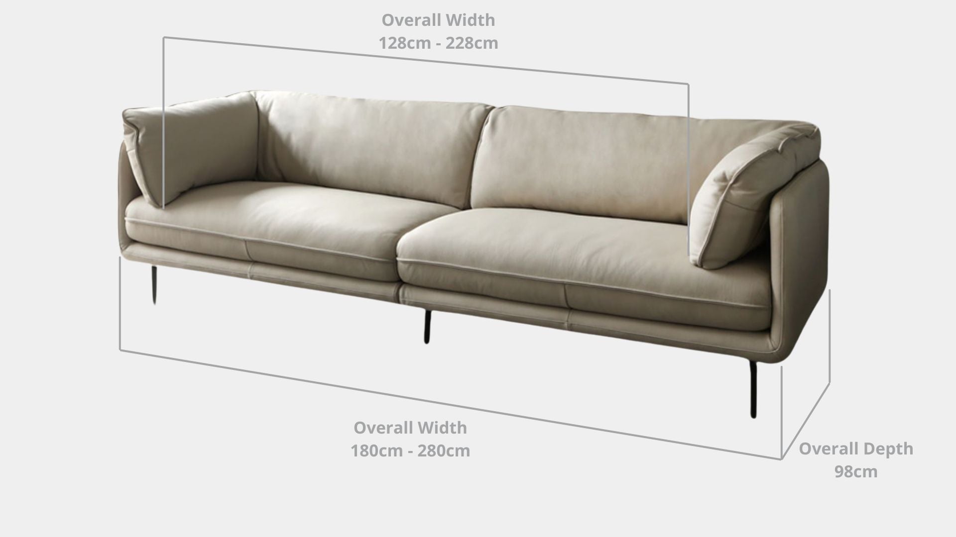 Details the key dimensions in terms of overall width, overall depth and seat width for Cuddle Full Leather Sofa