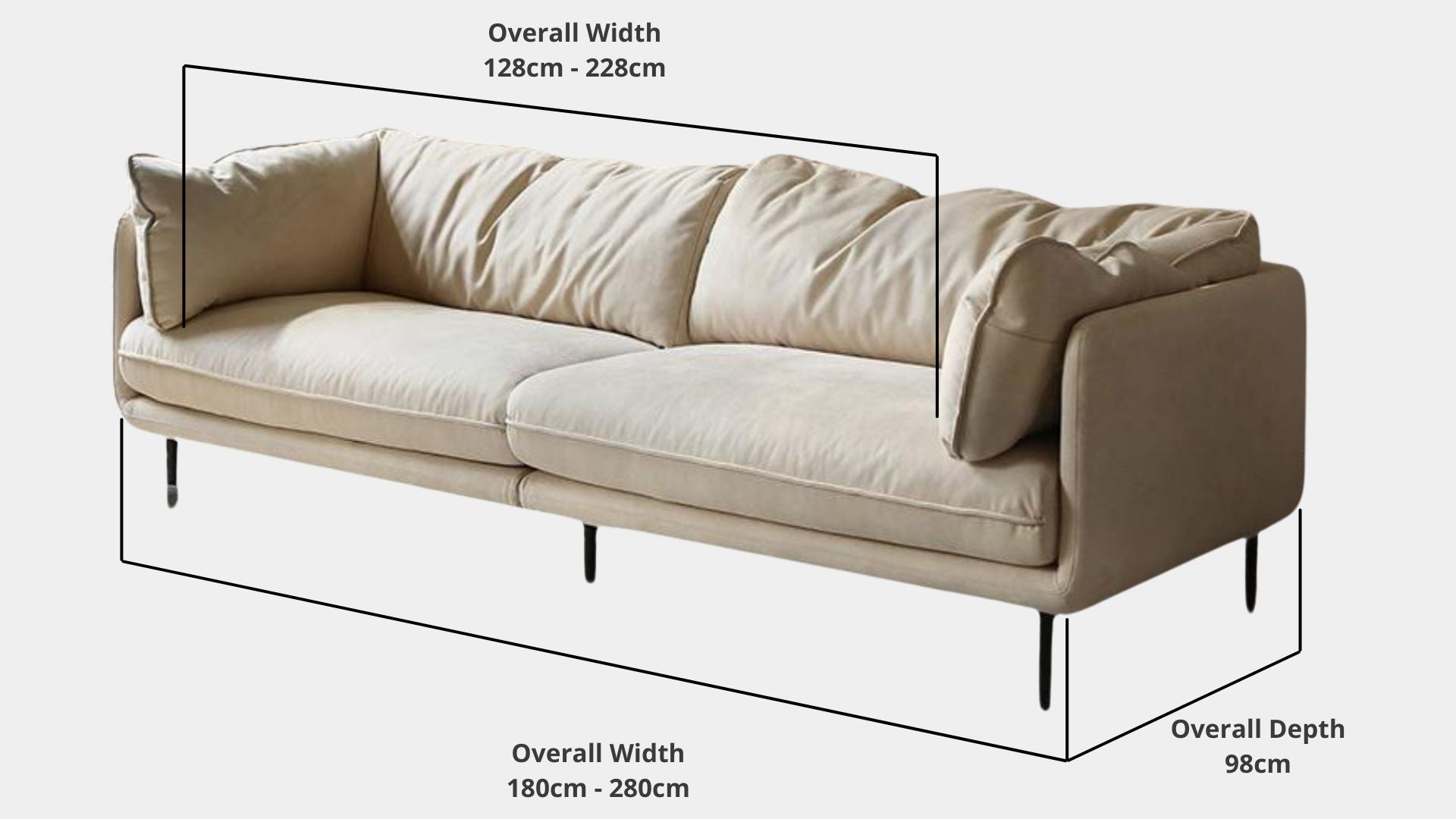 Details the key dimensions in terms of overall width, overall depth and seat width for Cuddle Fabric Sofa