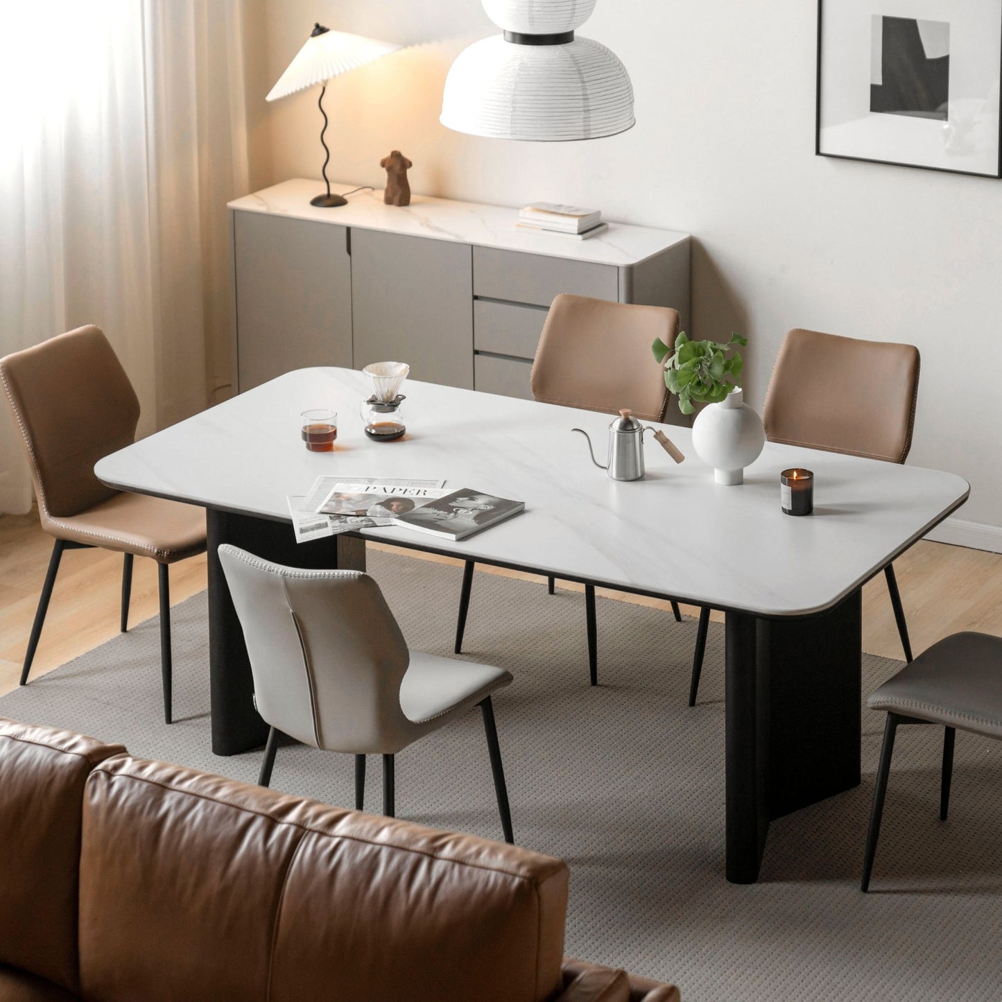 Tangent oak wood sintered stone dining table