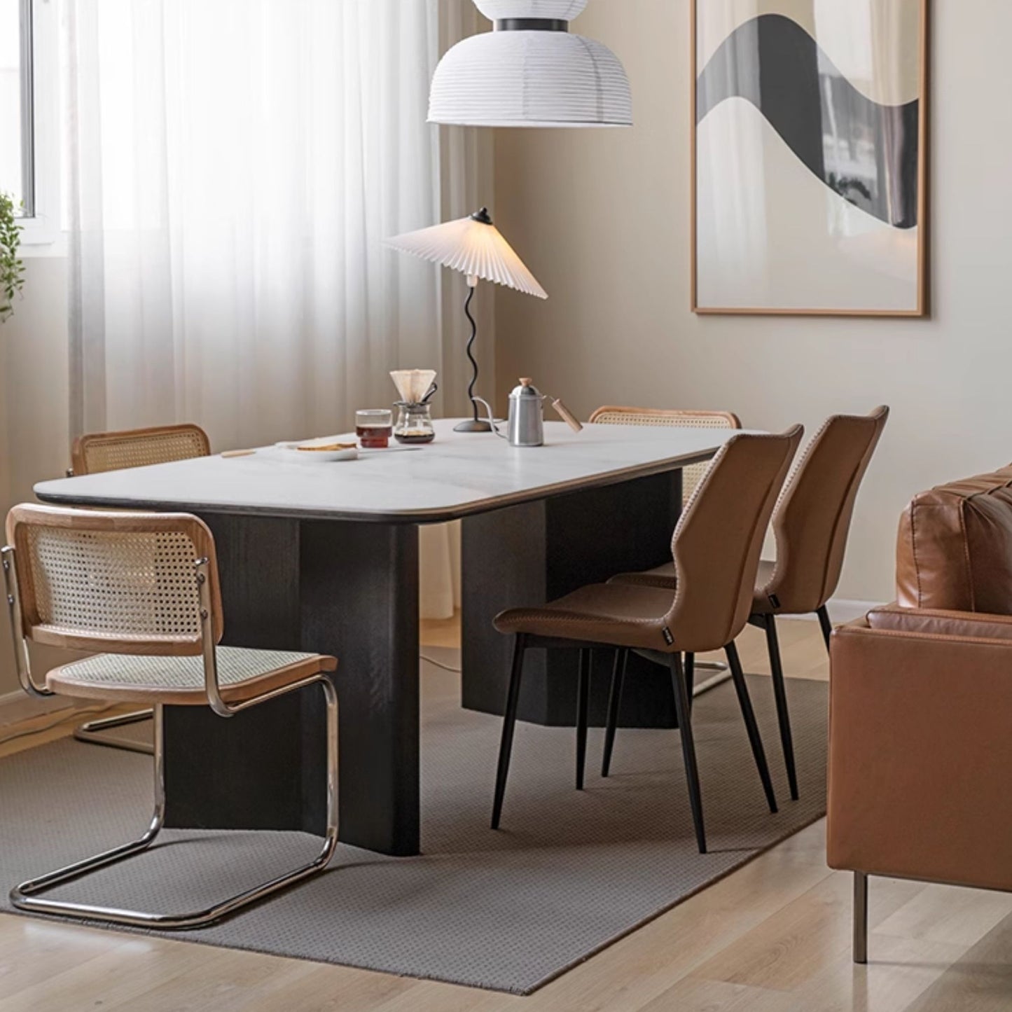 Tangent oak wood sintered stone dining table