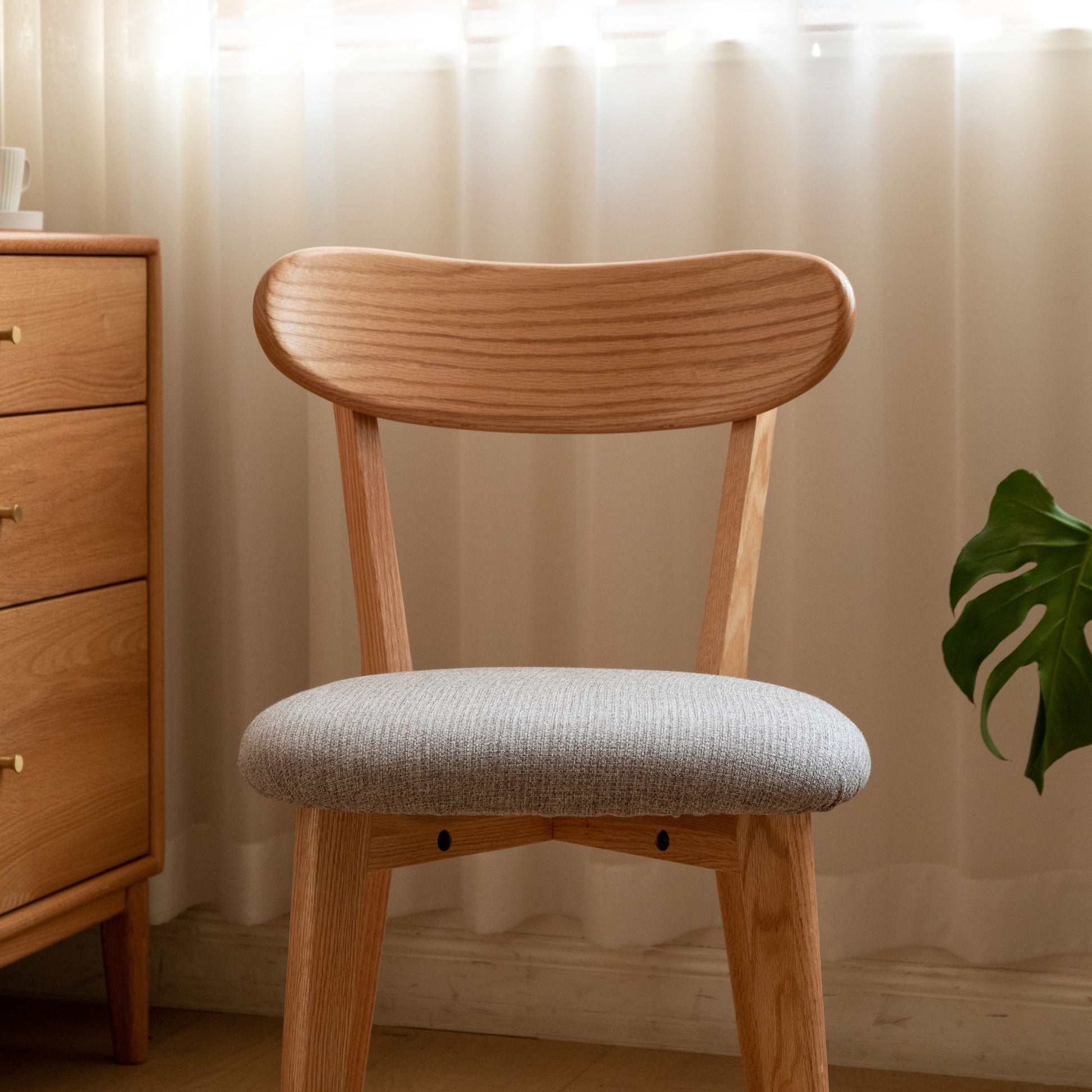 Tank oak wood fabric chair with natural wood finish and grey fabric