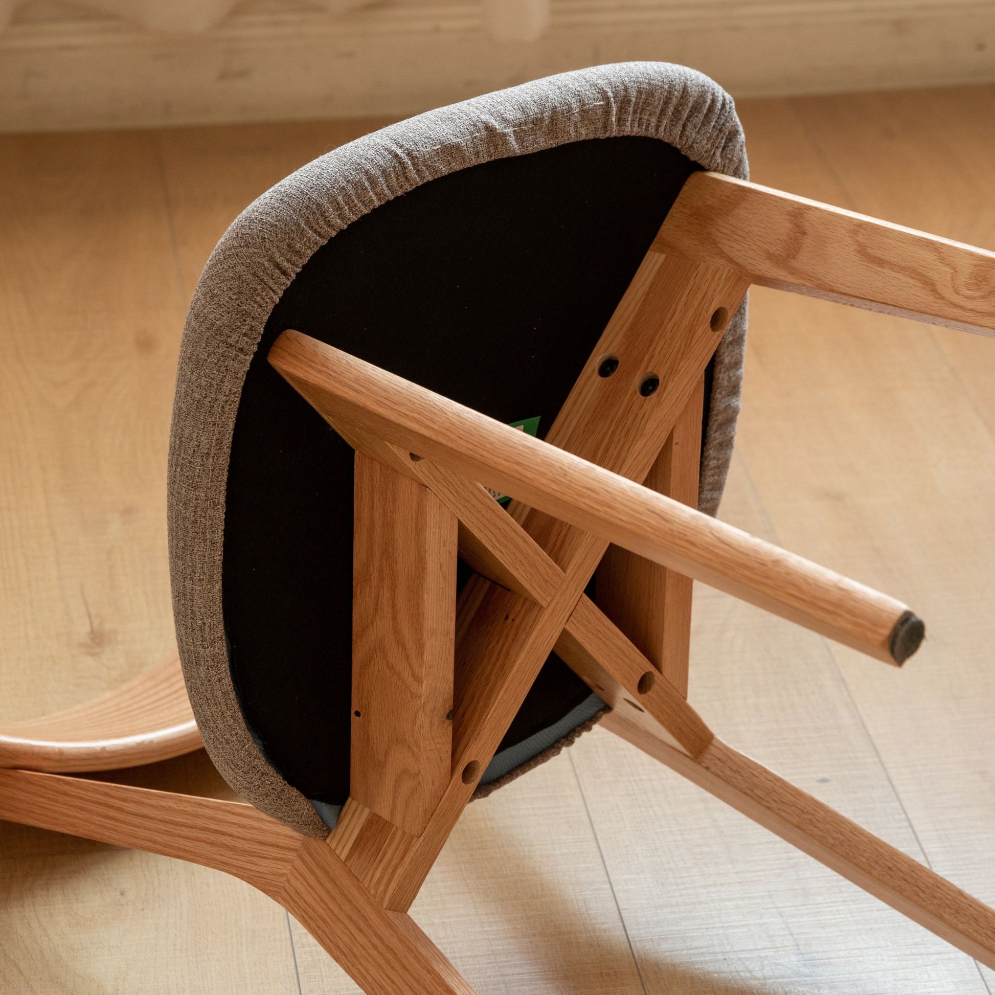 Tank oak wood fabric chair with natural wood finish and grey fabric