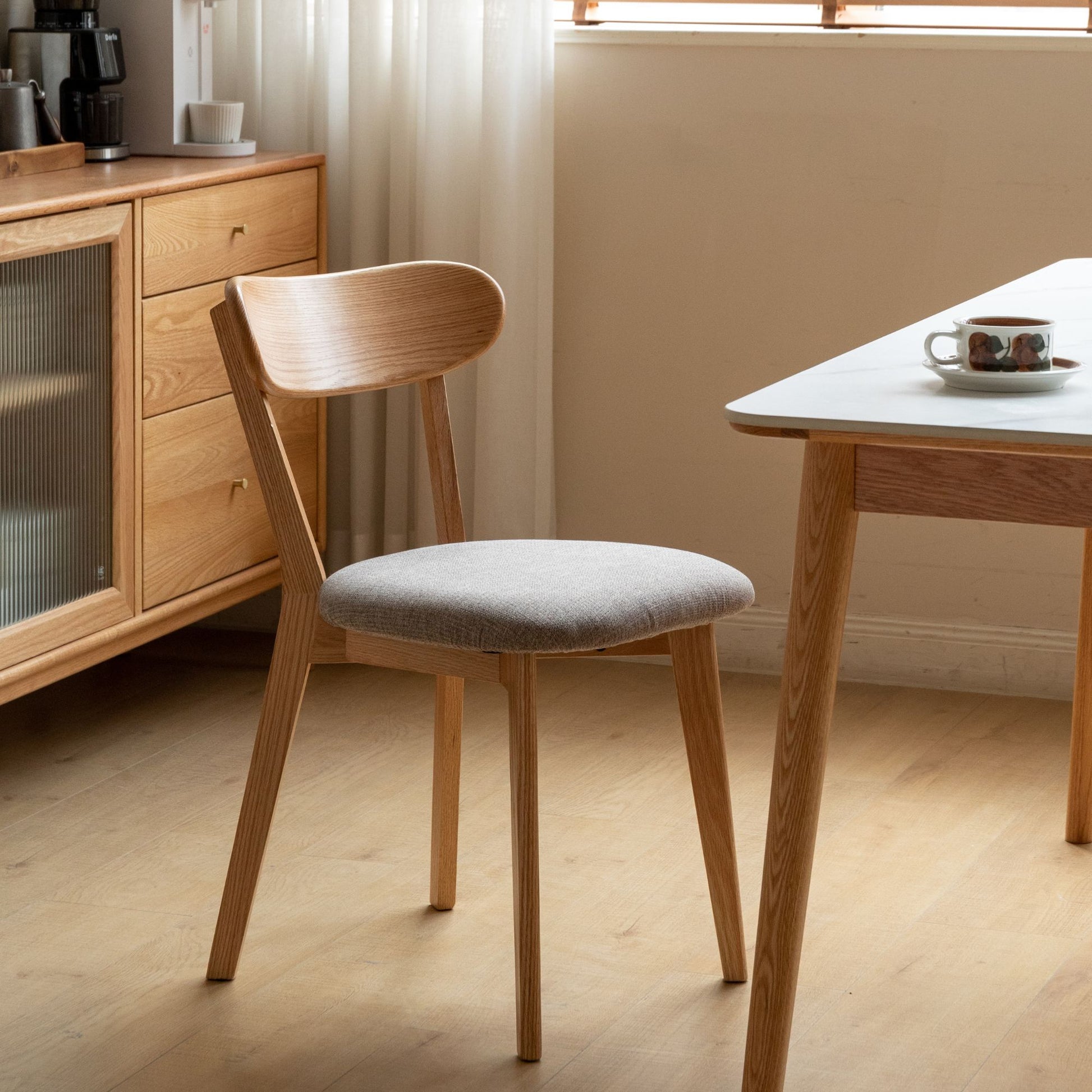 Tank oak wood fabric chair with natural wood finish and grey fabric
