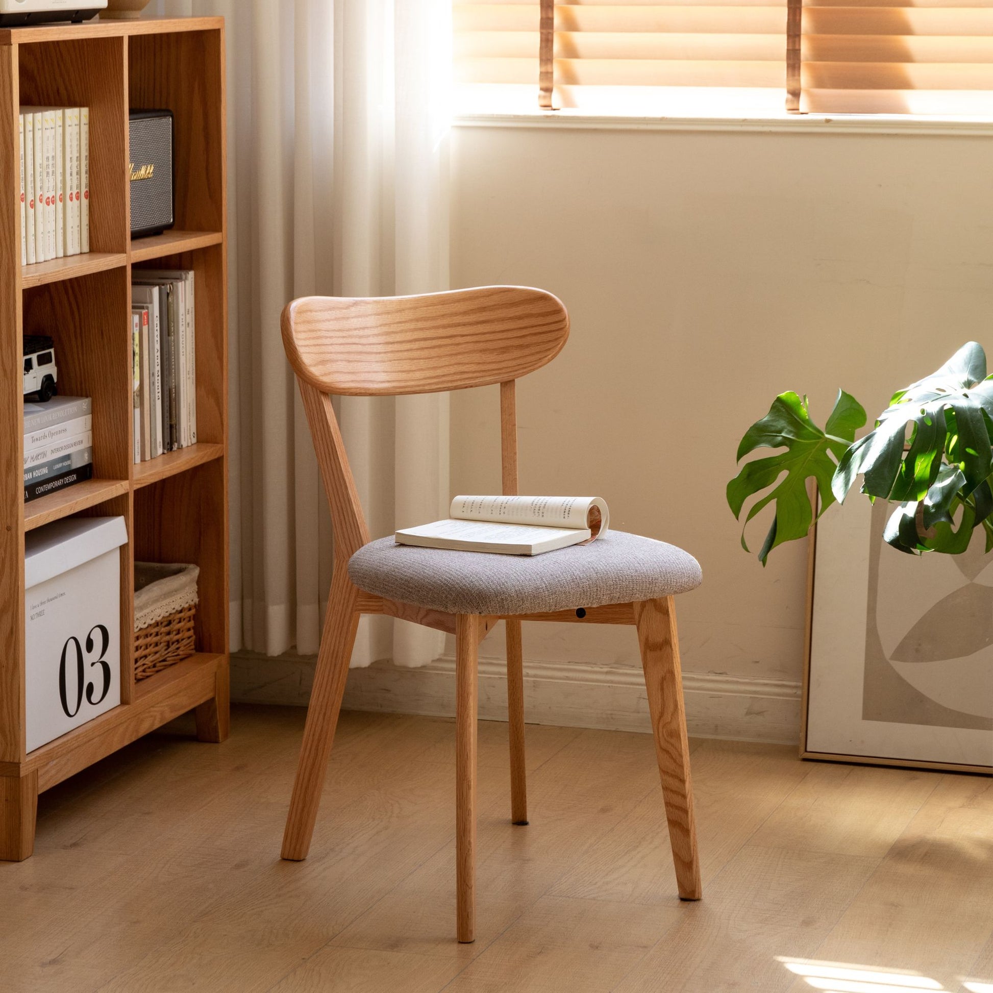 Tank oak wood fabric chair with natural wood finish and grey fabric