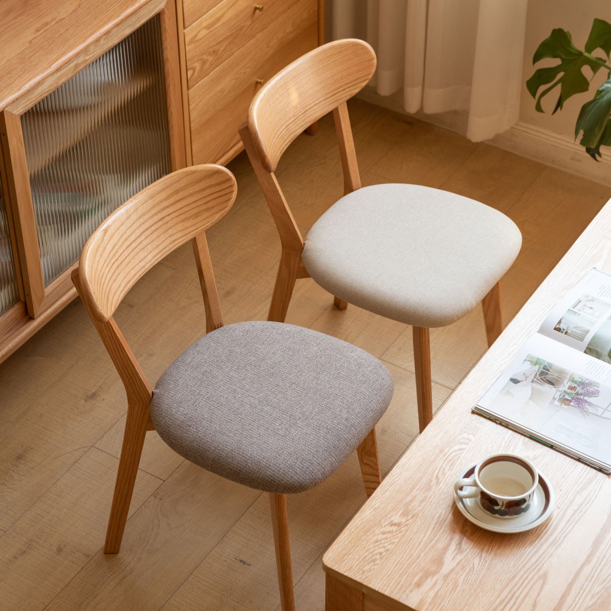 Tank oak wood fabric chair with natural wood finish and grey fabric