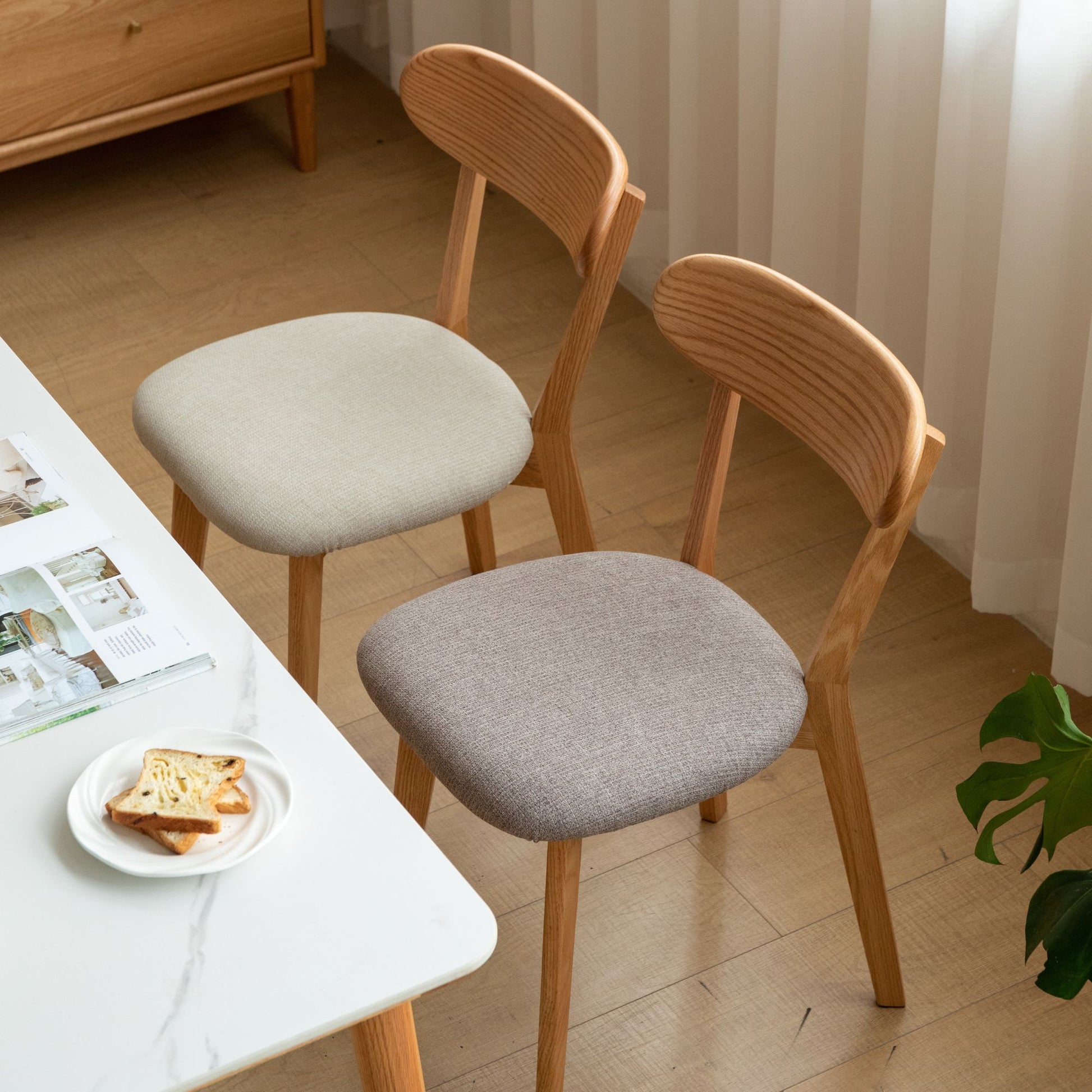 Tank oak wood fabric chair with natural wood finish and grey fabric