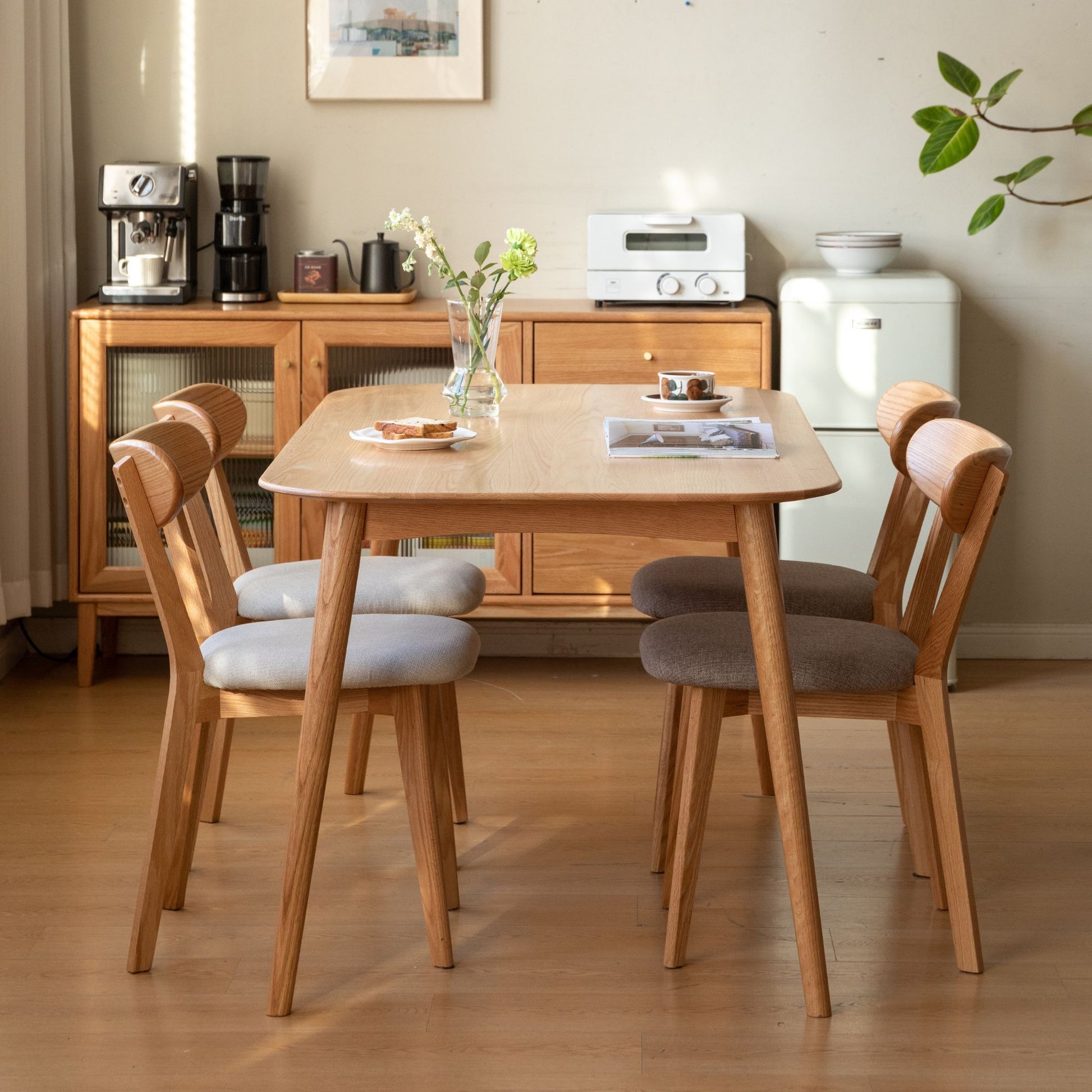 Tank oak wood fabric chair with natural wood finish and grey fabric