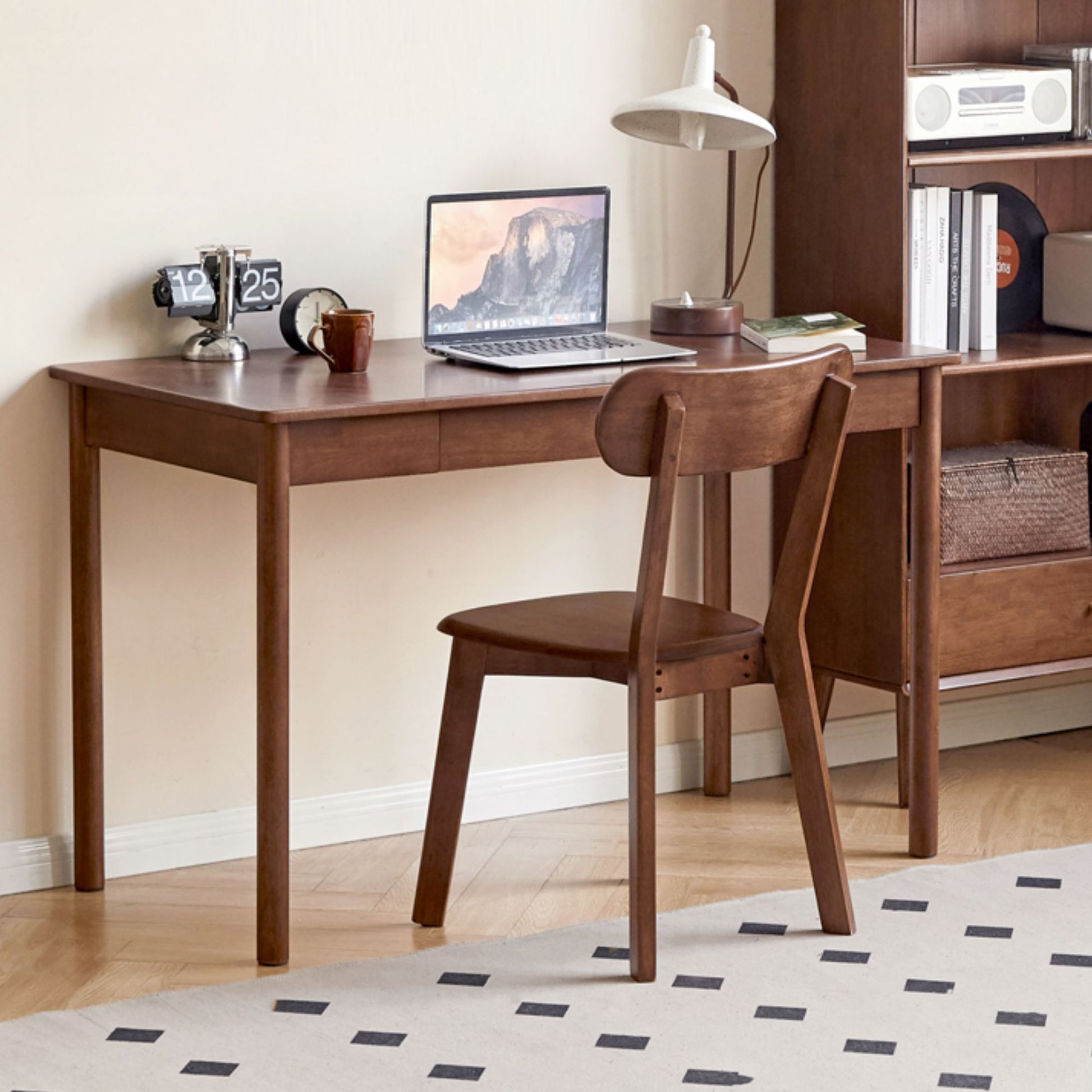 Wooden desk with chair in a home office setting