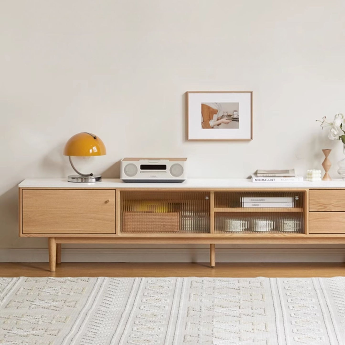 Tate oak wood sintered stone tv console in natural wood colour