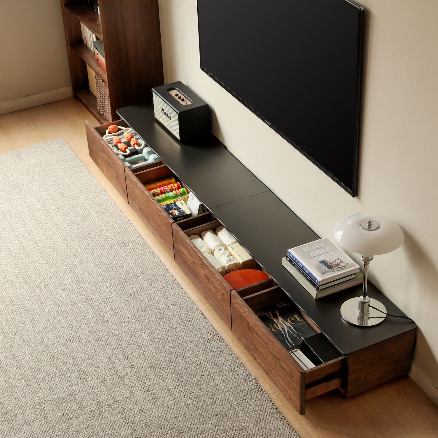 Ted walnut wood TV console with black sintered stone table top