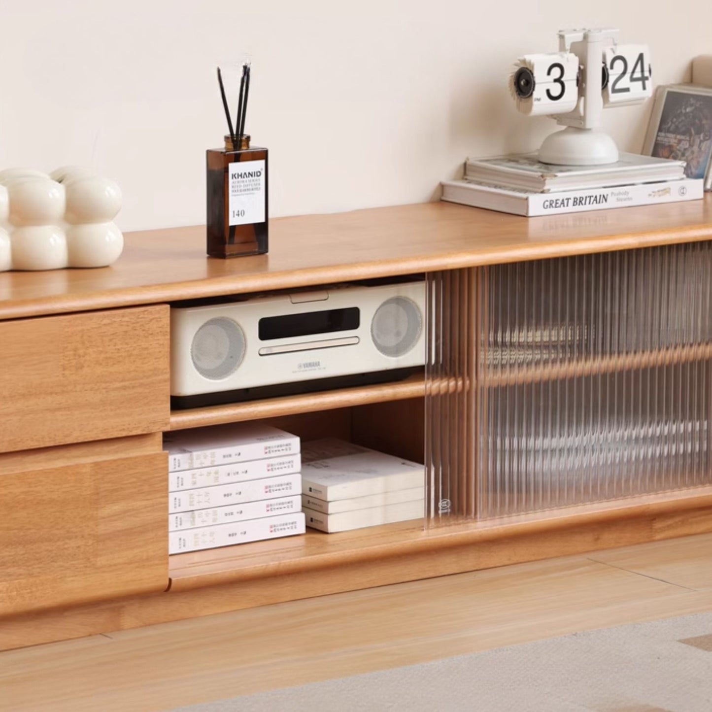 Toby rubberwood TV console in natural wood finish
