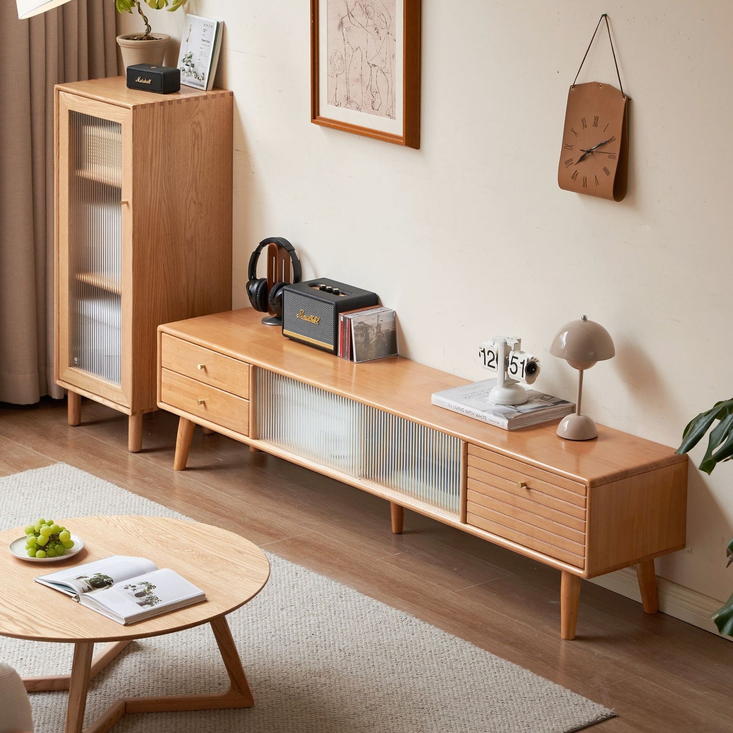 Travis rubber wood tv console in natural wood colour
