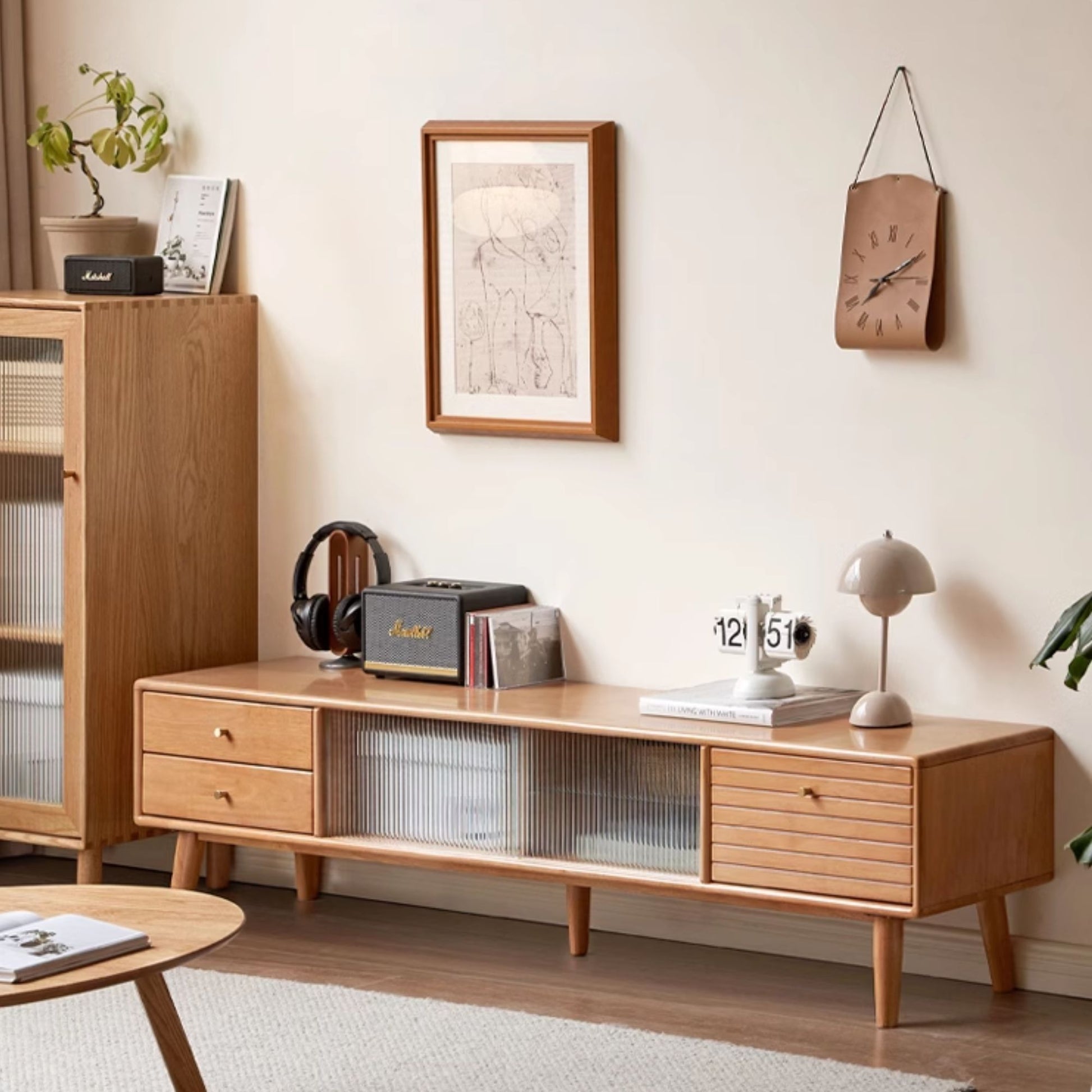 Travis rubber wood tv console in natural wood colour
