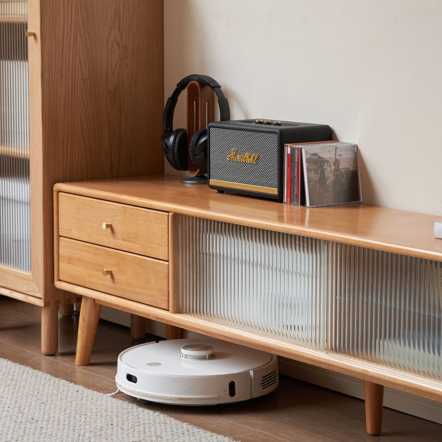 Travis rubber wood tv console in natural wood colour