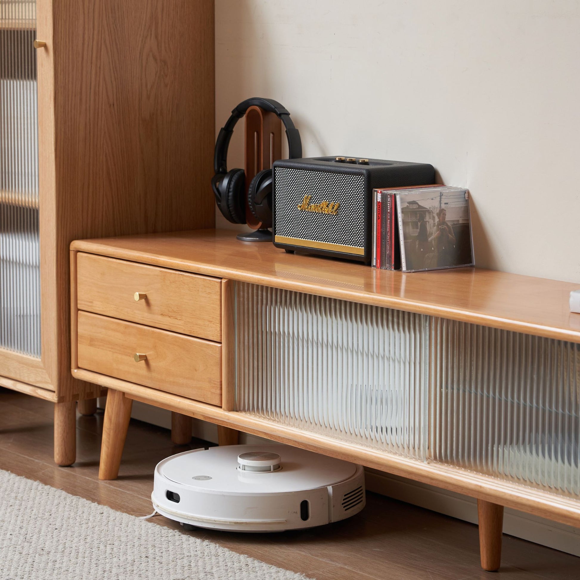 Travis rubber wood tv console in natural wood colour