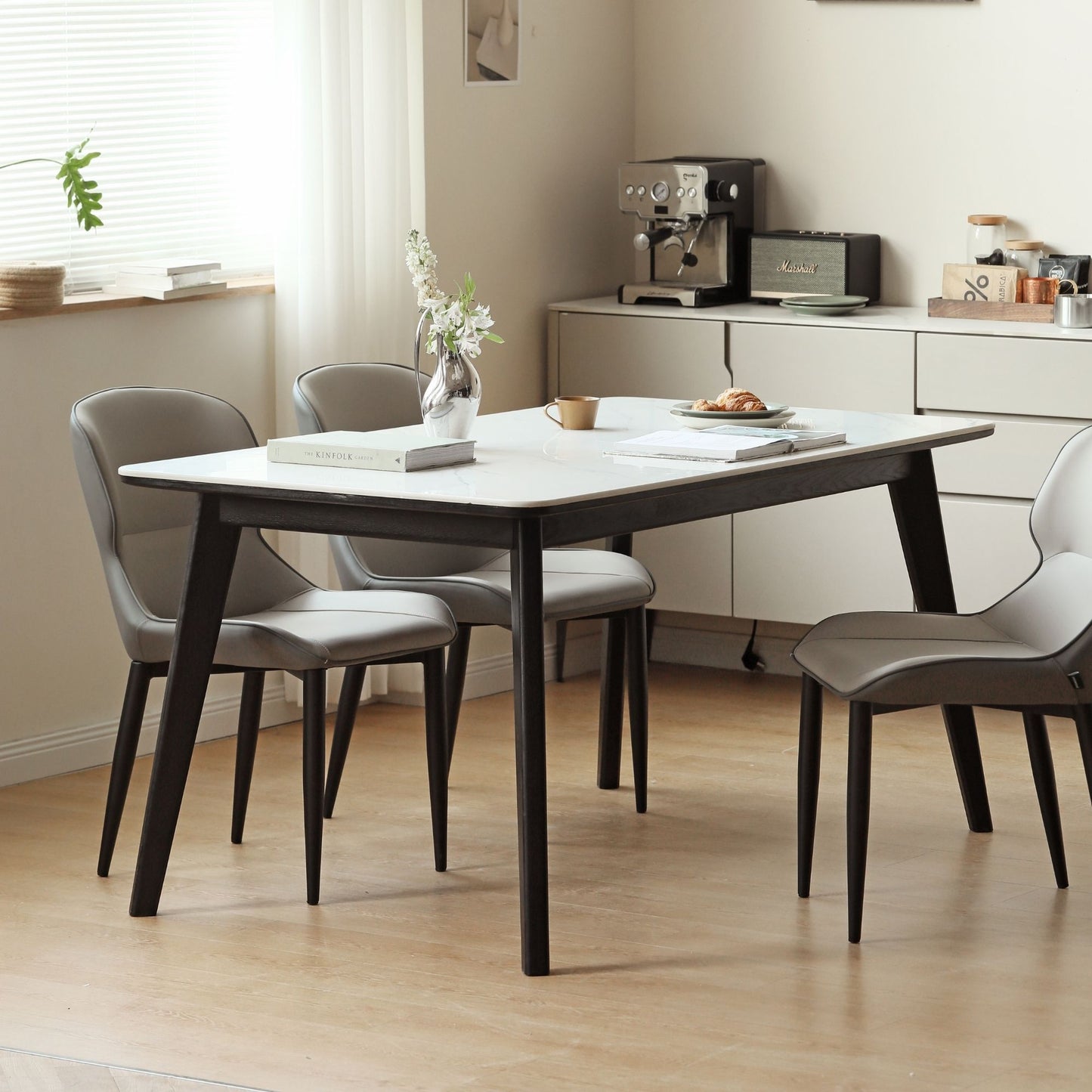 Tyler white ash wood sintered stone dining table with white sintered stone on white ash wood in black finish
