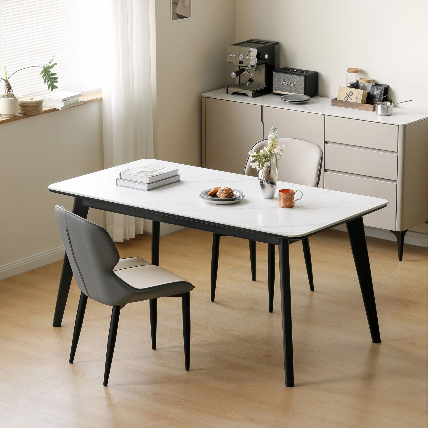 Tyler white ash wood sintered stone dining table with white sintered stone on white ash wood in black finish