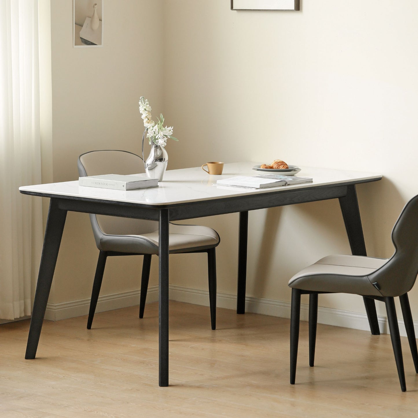 Tyler white ash wood sintered stone dining table with white sintered stone on white ash wood in black finish