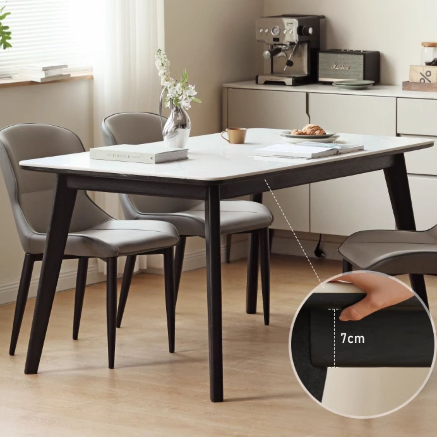Tyler white ash wood sintered stone dining table with white sintered stone on white ash wood in black finish