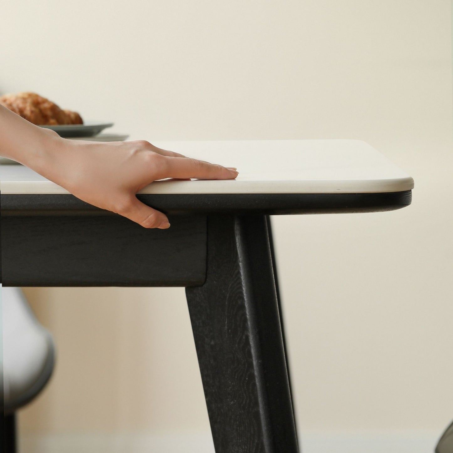 Tyler white ash wood sintered stone dining table with white sintered stone on white ash wood in black finish