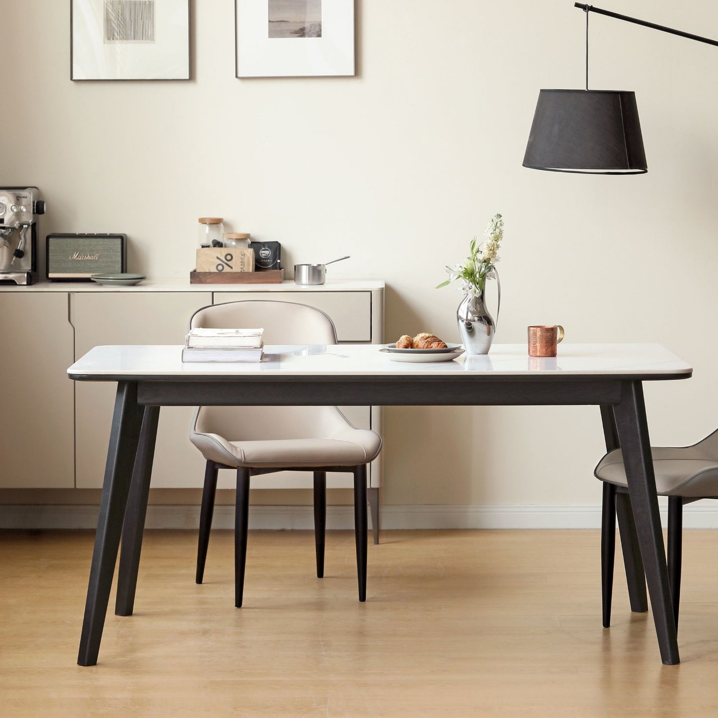 Tyler white ash wood sintered stone dining table with white sintered stone on white ash wood in black finish