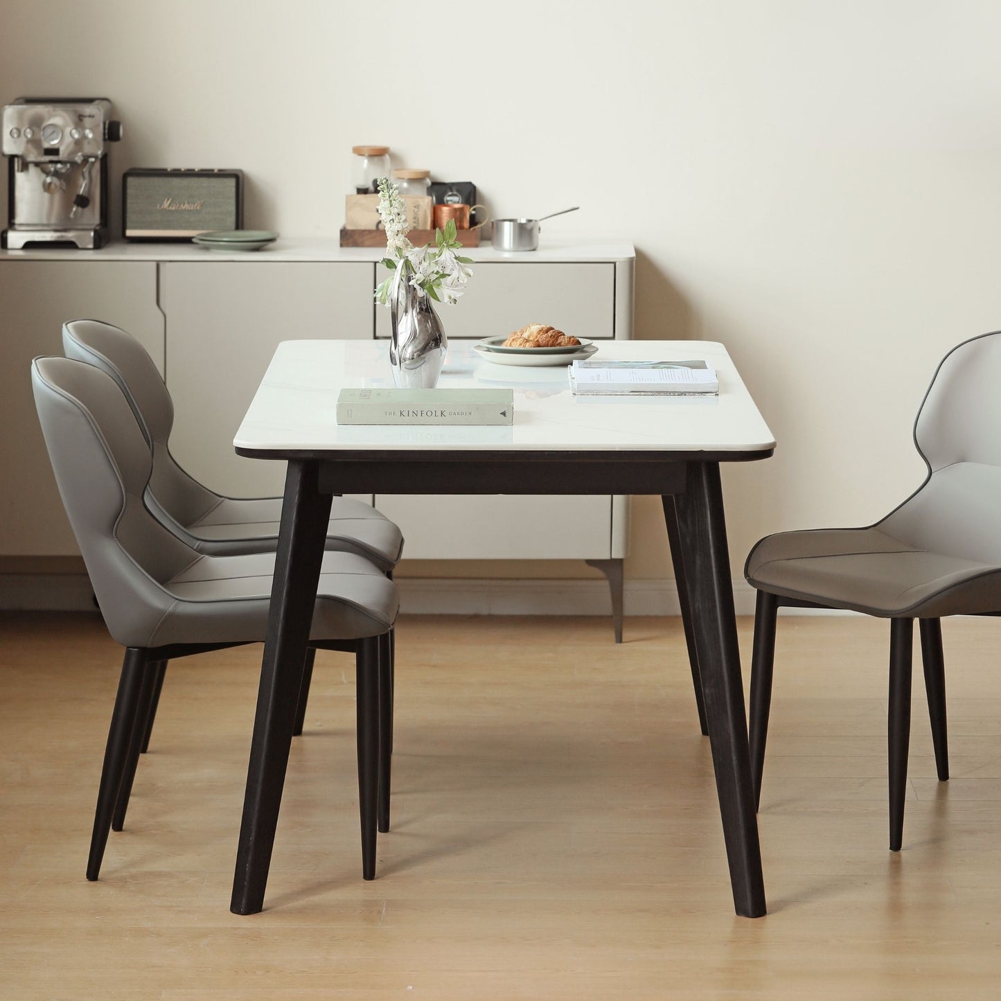 Tyler white ash wood sintered stone dining table with white sintered stone on white ash wood in black finish