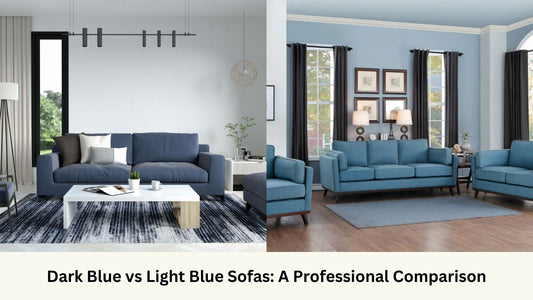 Light blue and dark blue sofa comparison side by side