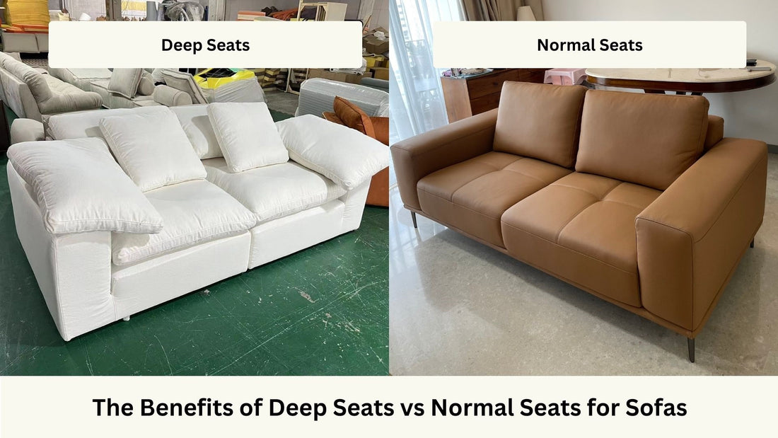 Deep seat white cloud fabric sofa vs normal seat brown calm full leather sofa