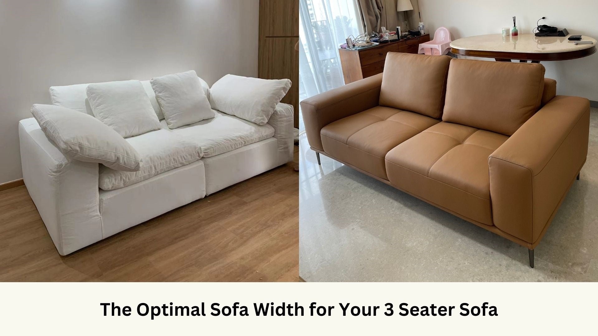 Cloud 228cm white 3 seater fabric sofa and Calm 200cm brown 3 seater full leather sofa 