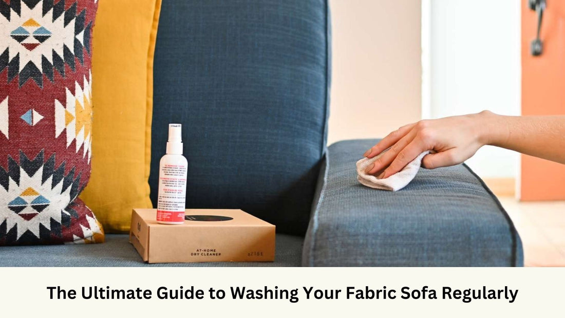 Photo of wiping a fabric sofa with cleaning liquid