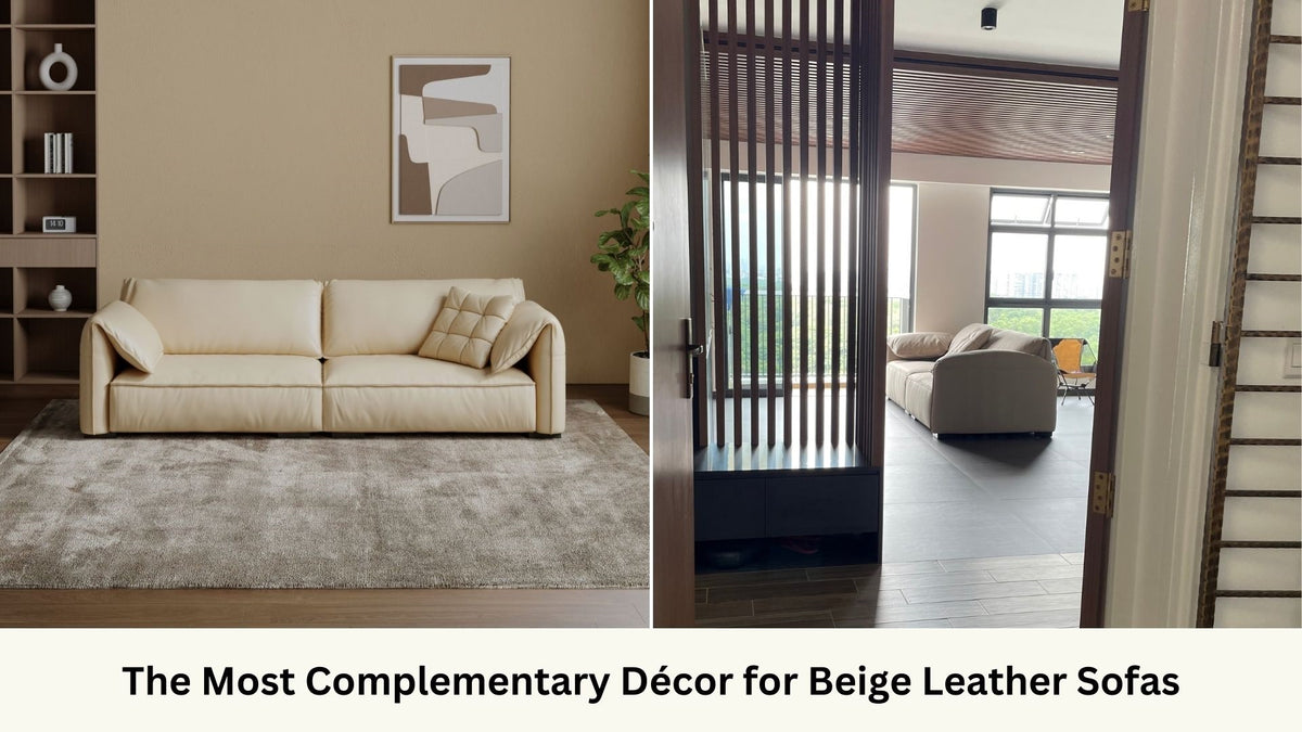 Beige sofa product photo and in real home photo 