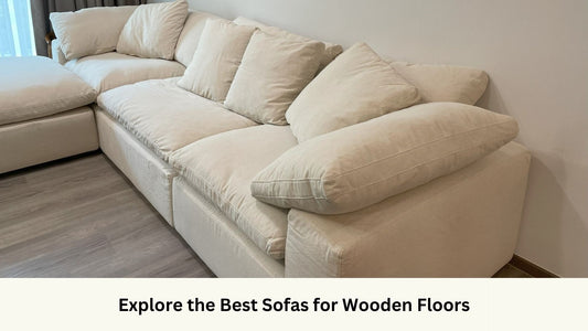 Cloud fabric sofa in beige on wooden laminate floor
