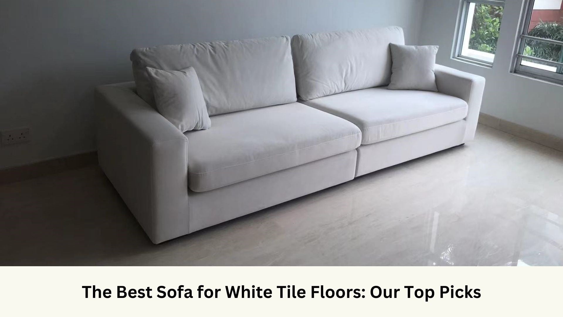 Coastal white pet friendly fabric sofa on white marble floor