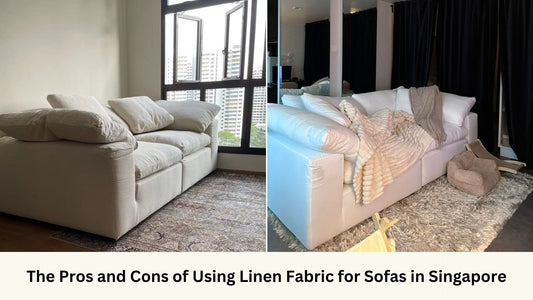Cloud sofa in beige and white made with fabric containing 40% linen