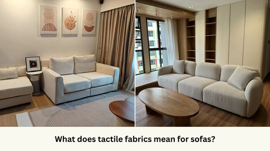 Comfort sofa in chenille fabric on the left and Charmy sofa in boucle fabric on the right