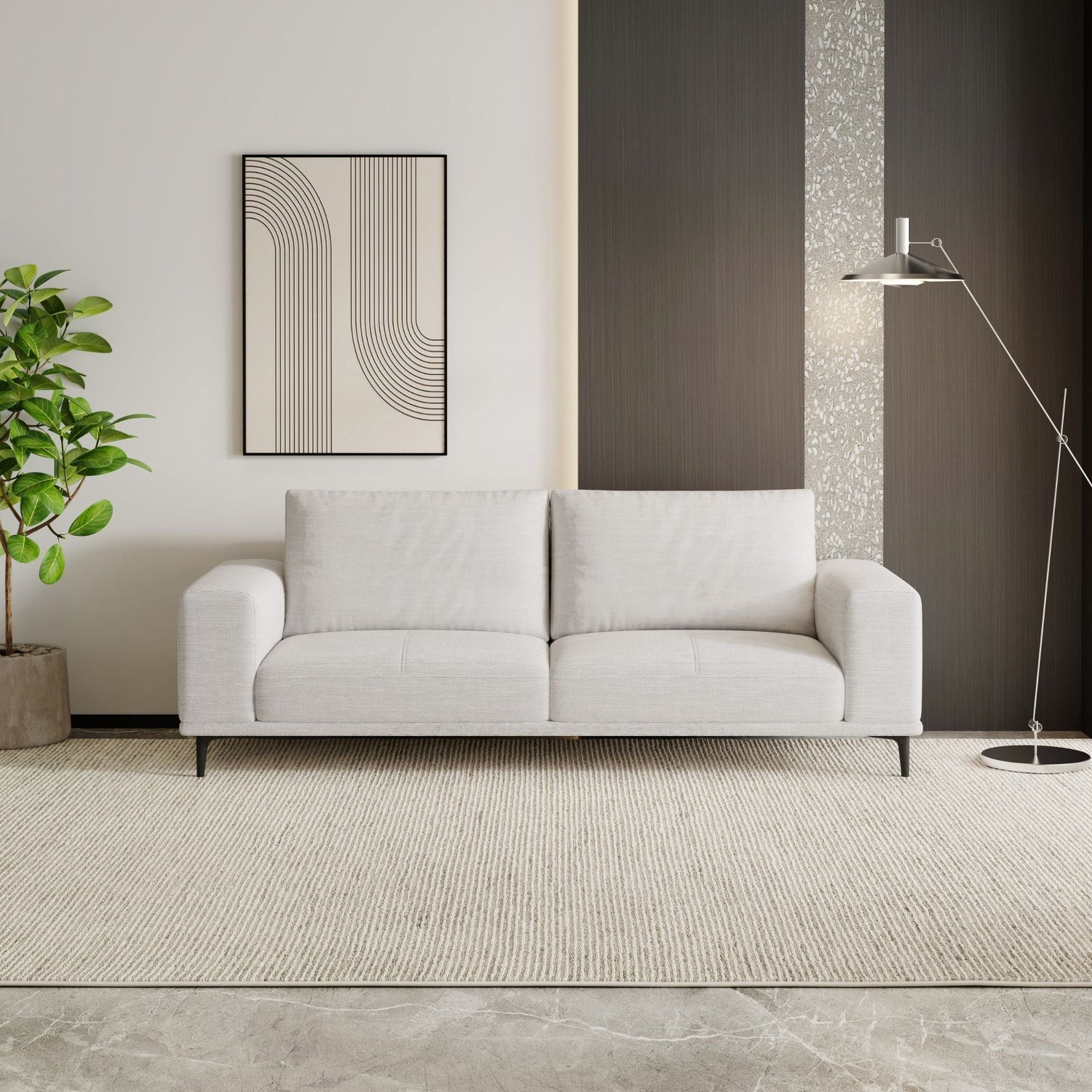 Calm white fabric sofa in living room