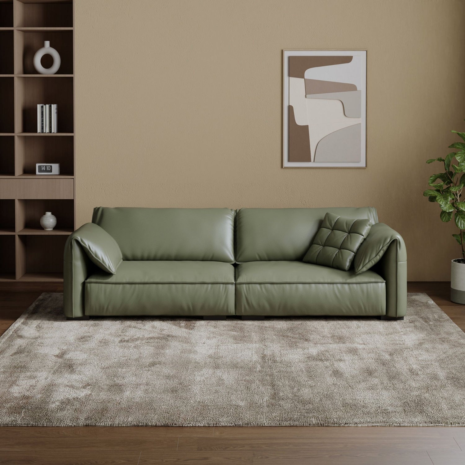 Comfy green top grain leather sofa in living room