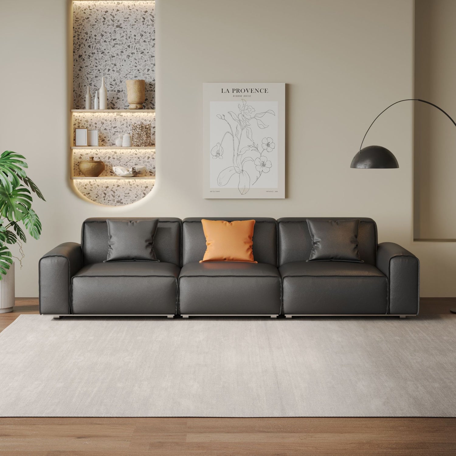 Colby black leather 3 seater sofa in living room setting