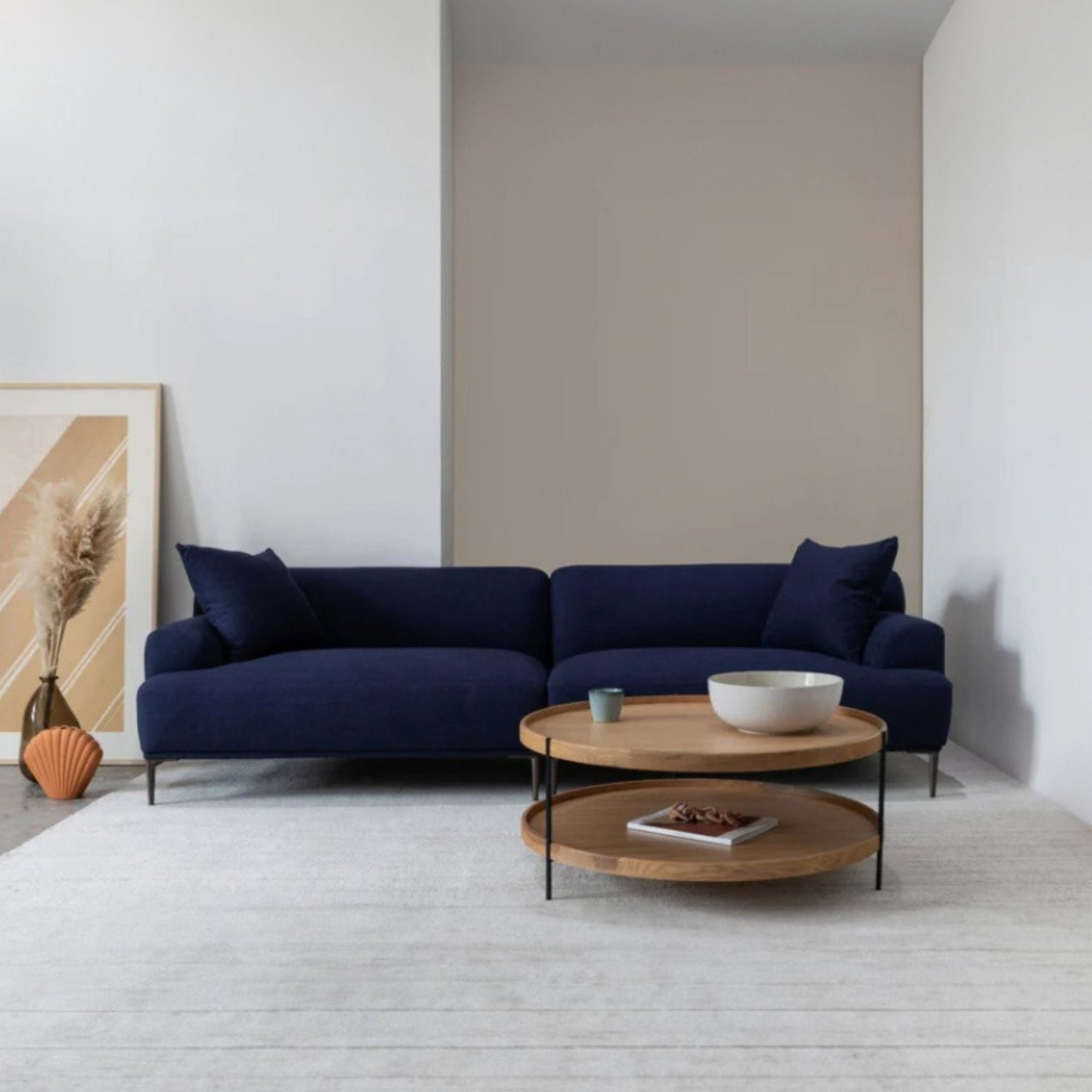 Crystal blue fabric sofa in living room setting