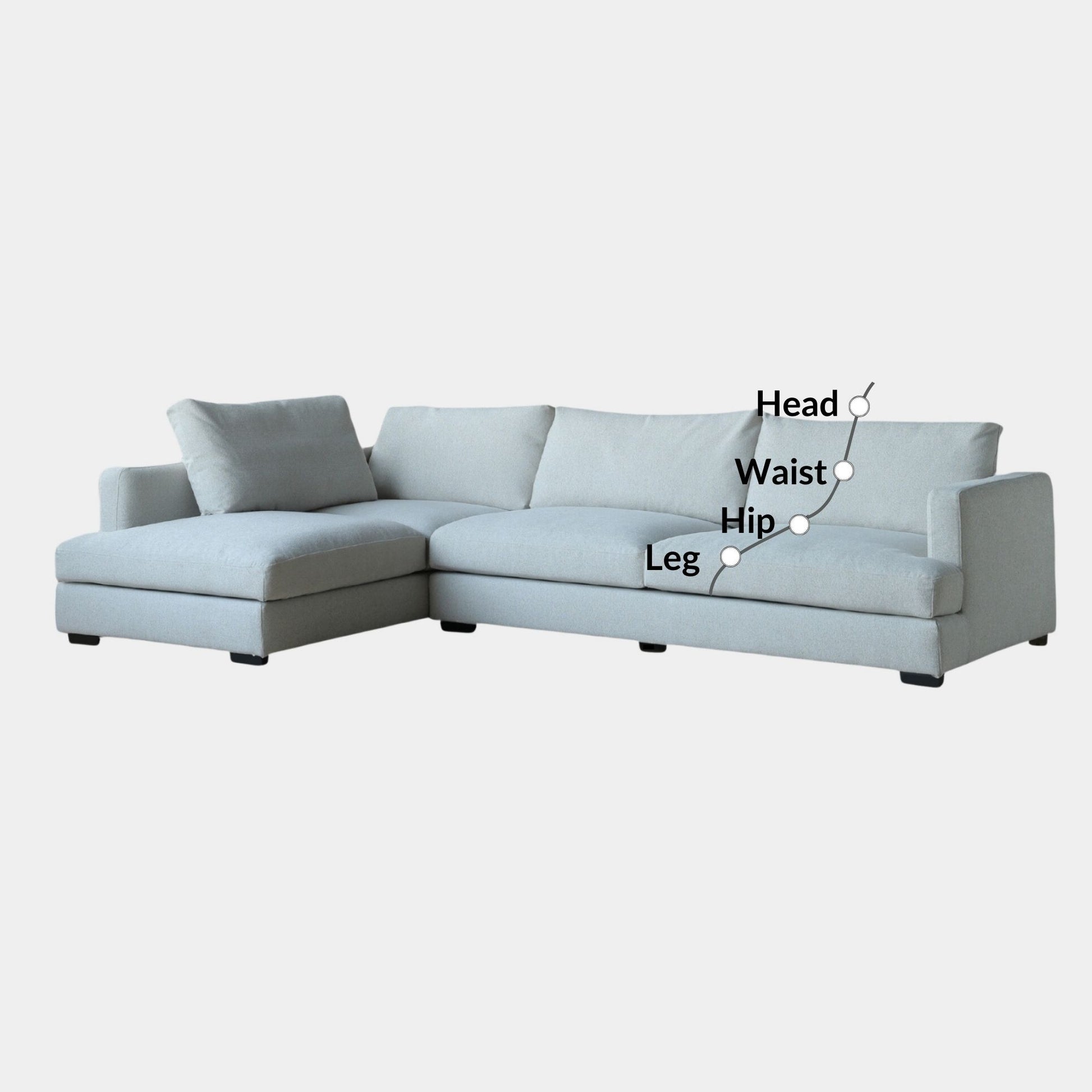 Crescent fabric sectional sofa left grey
