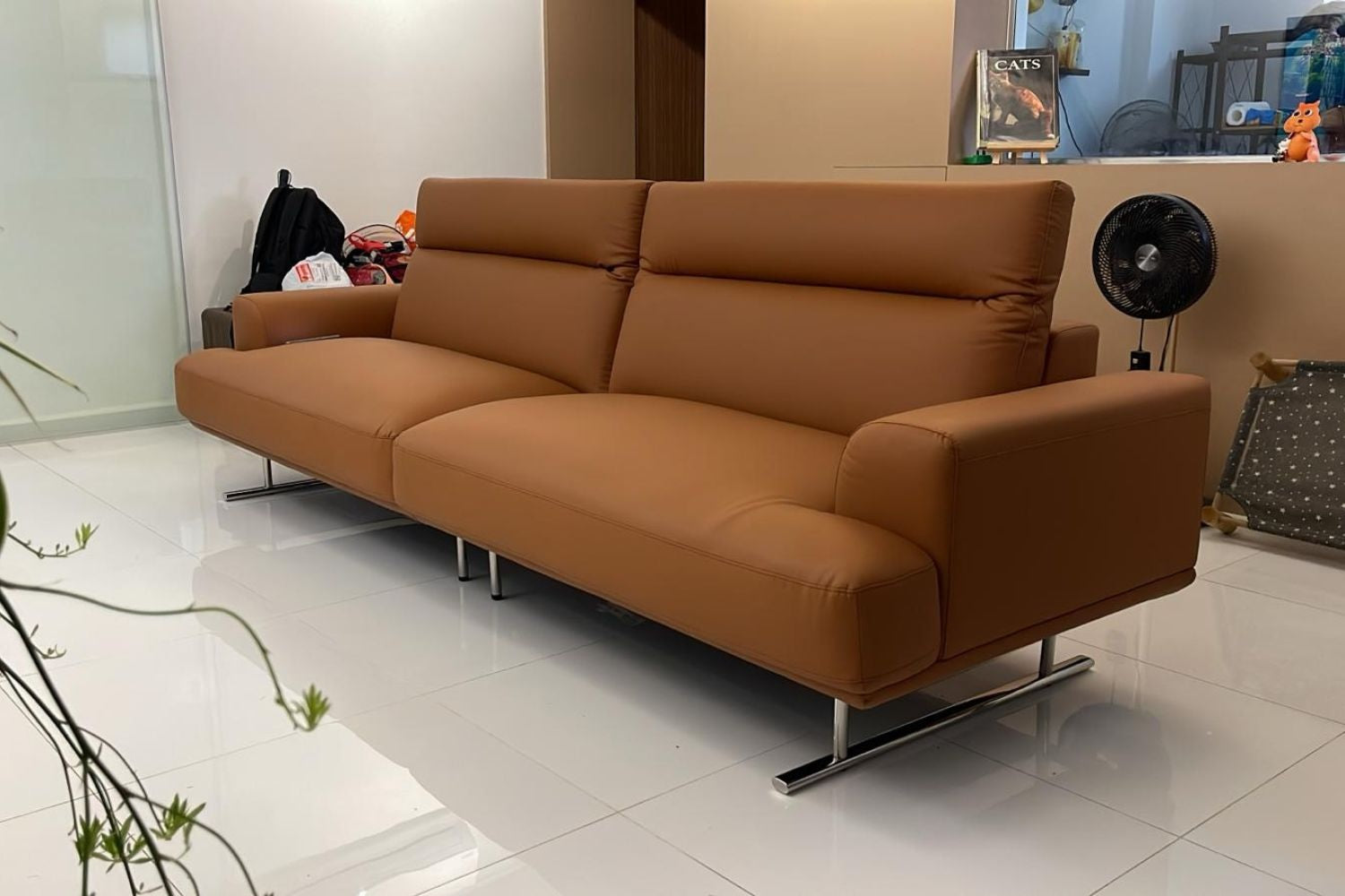 Charles 4 seater brown faux leather sofa