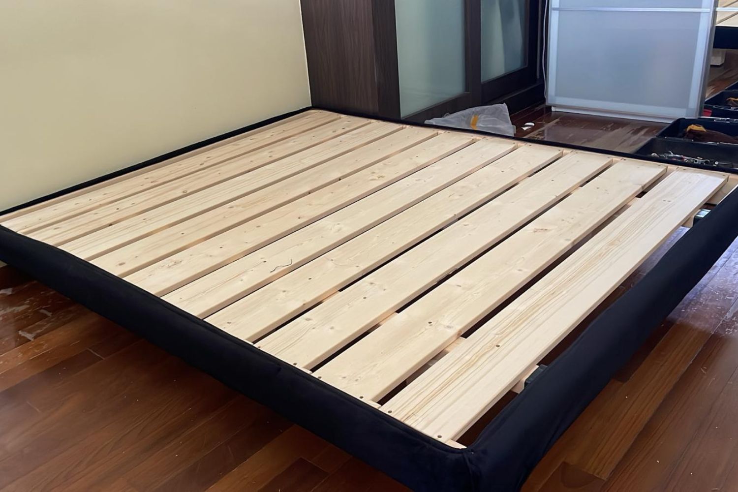 Crystal queen size black fabric upholstery bed frame
